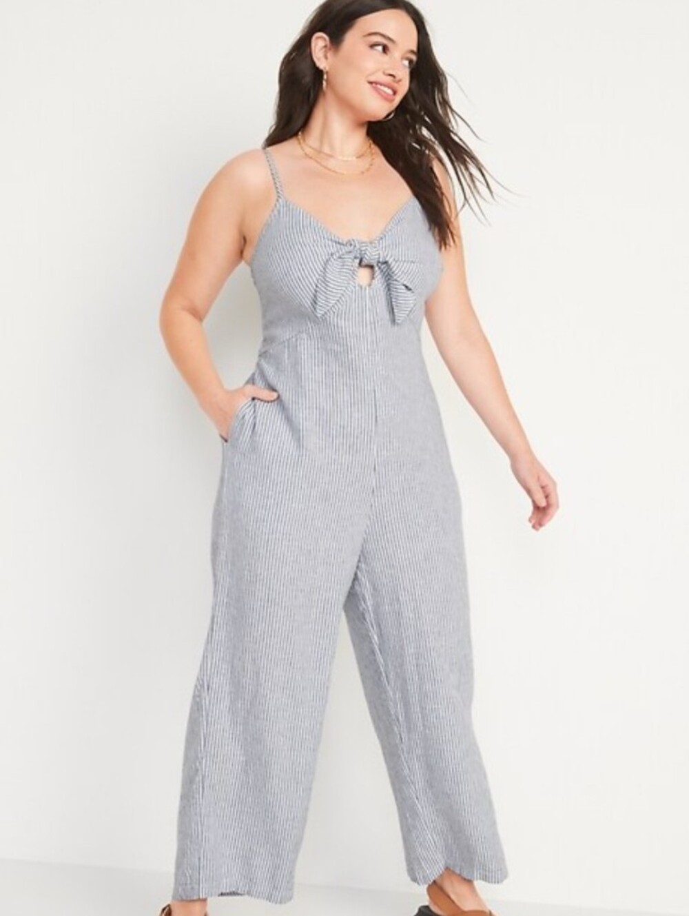 Old Navy Linen Blend Blue White Seasucker Cropped Jumpsuit XL